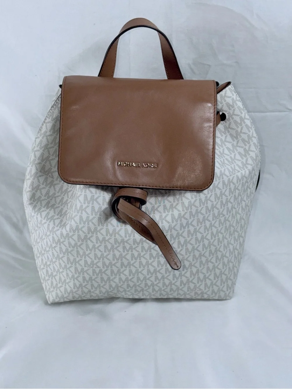 Michael Kors Junie Medium Vanilla MK Logo Drawstring Backpack Acorn Leather